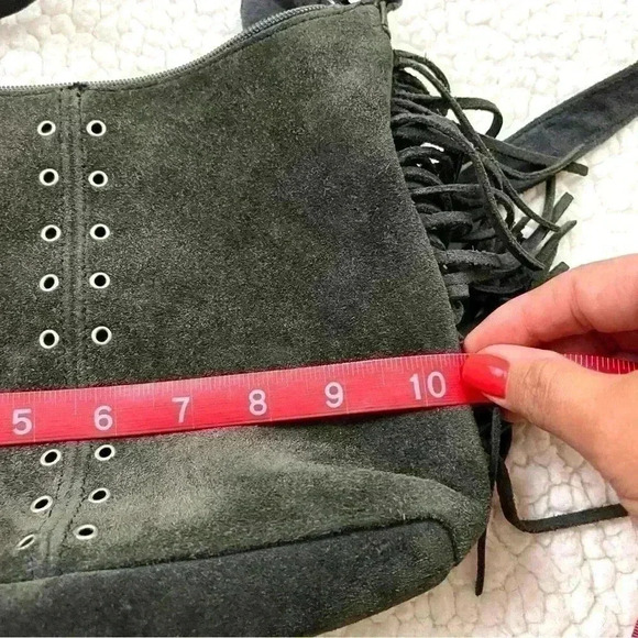 Minnetonka Dark Gray Boho Soft Suede W/ Fringe Adjustable Strap Crossbody Bag - Picture 14 of 15